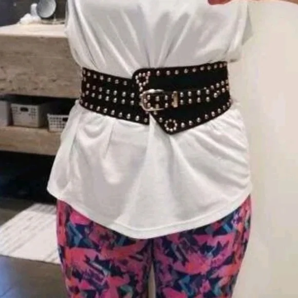 Black vegan faux suede corset gold studs punk wide boho waist belt - Picture 2 of 14